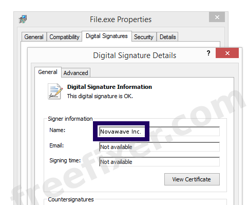 Screenshot of the Novawave Inc. certificate